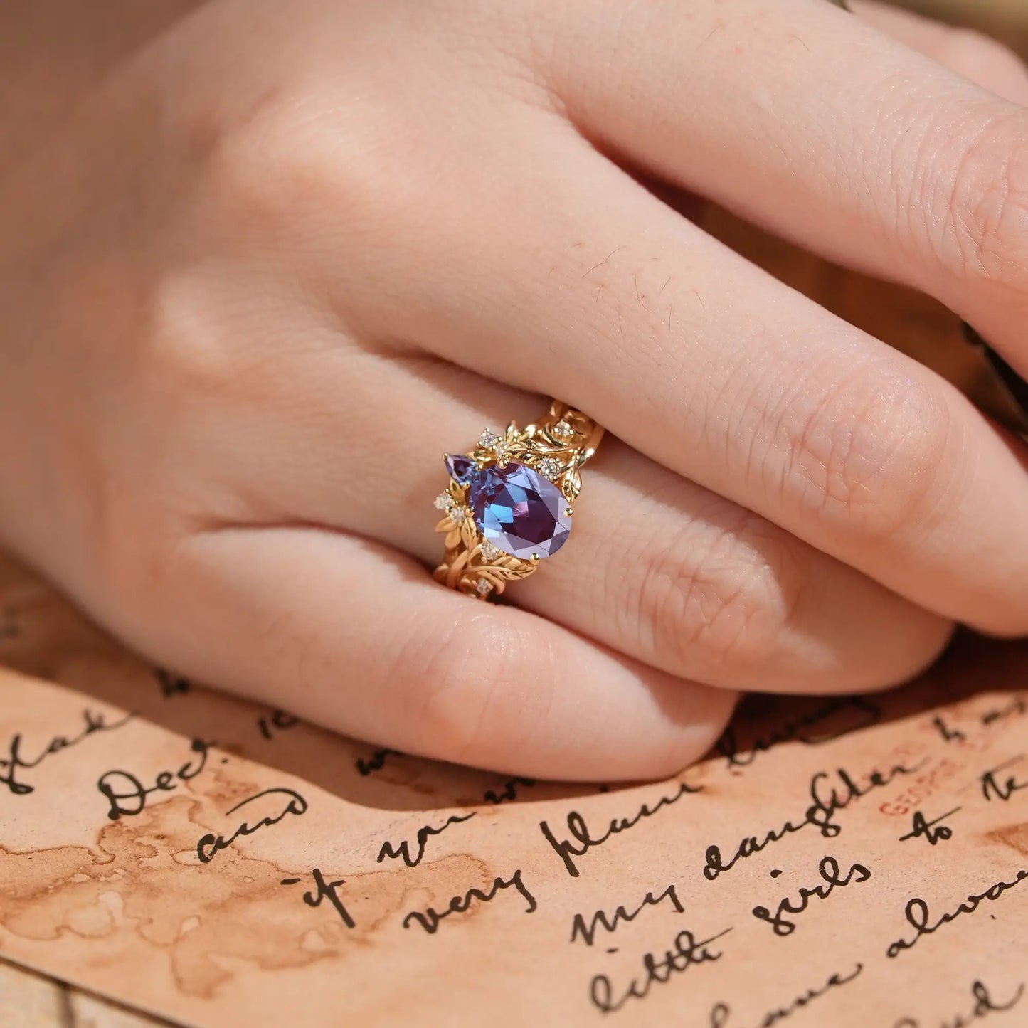 Oval Cut Alexandrite Leaf Inspired Darlene Bridal Ring Set | GemsMagic