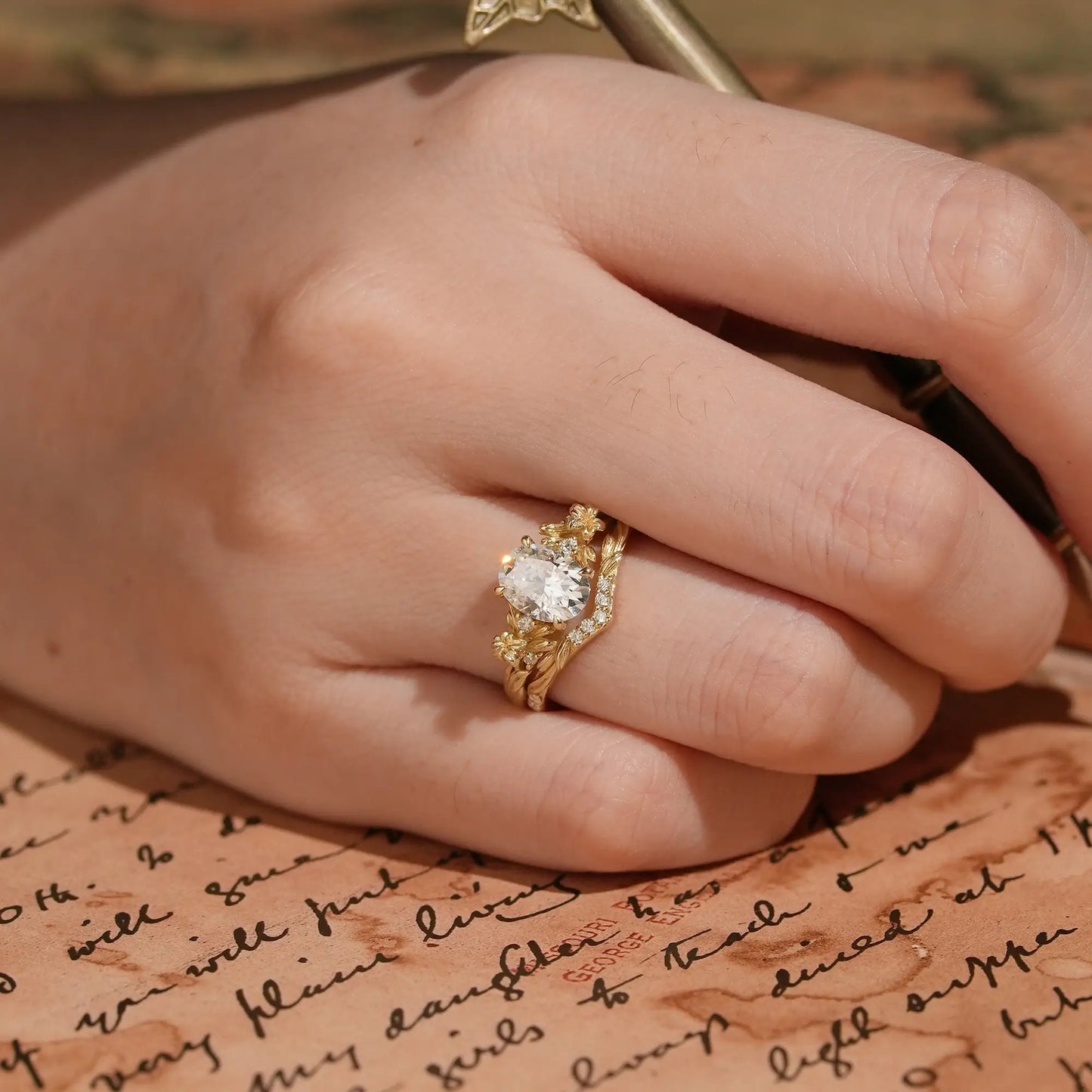 Lily Flower Inspired Oval Cut Moissanite Celine Bridal Ring Set | GemsMagic
