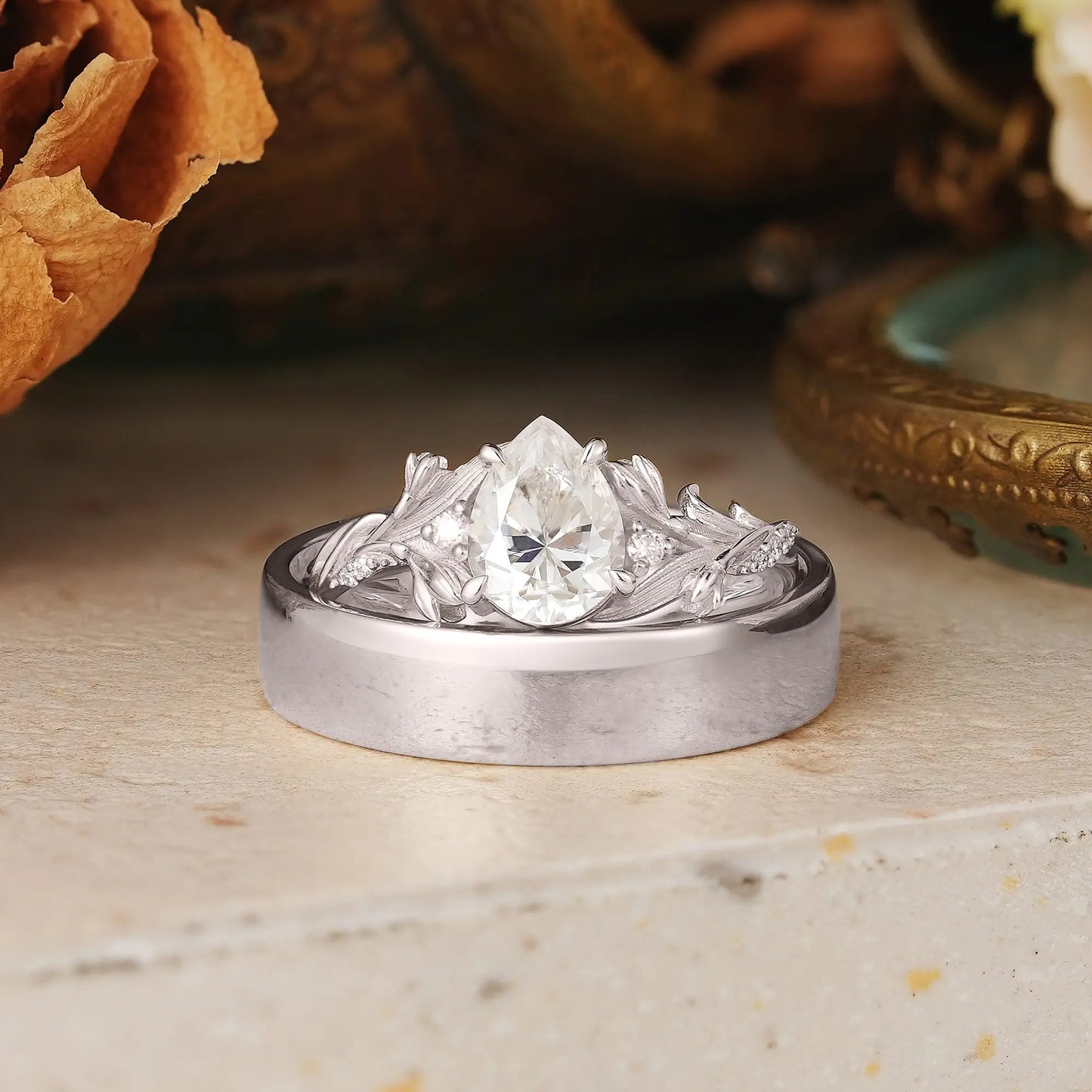 Pear Cut Moissanite Flower Inspired Couple Wedding Ring Set - Liora & Kevin | GemsMagic