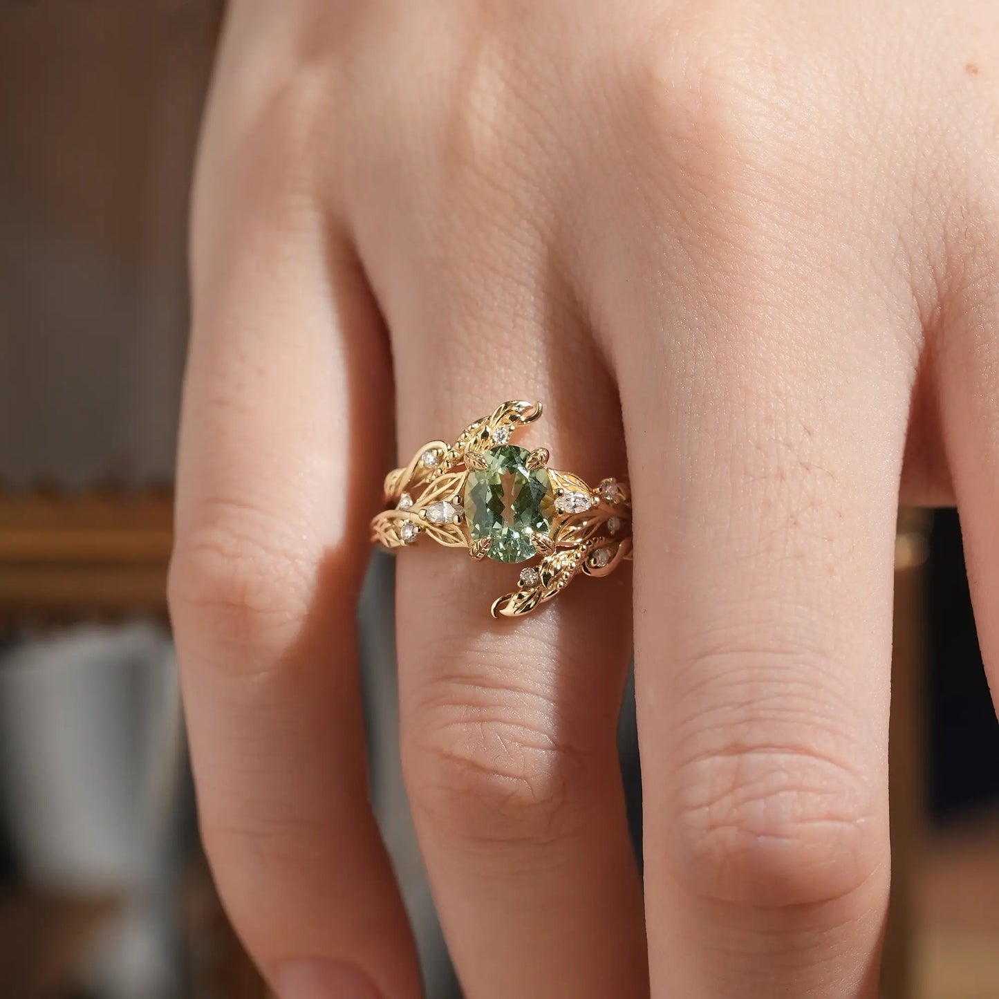 Oval Cut Green Sapphire Leaf Milgrain Karen Bridal Ring Set With Ring Enhancer | GemsMagic