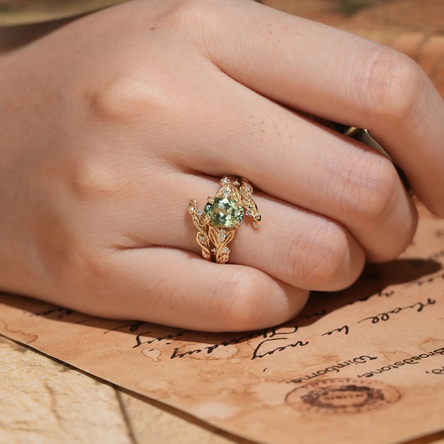Oval Cut Green Sapphire Leaf Milgrain Karen Bridal Ring Set With Ring Enhancer | GemsMagic