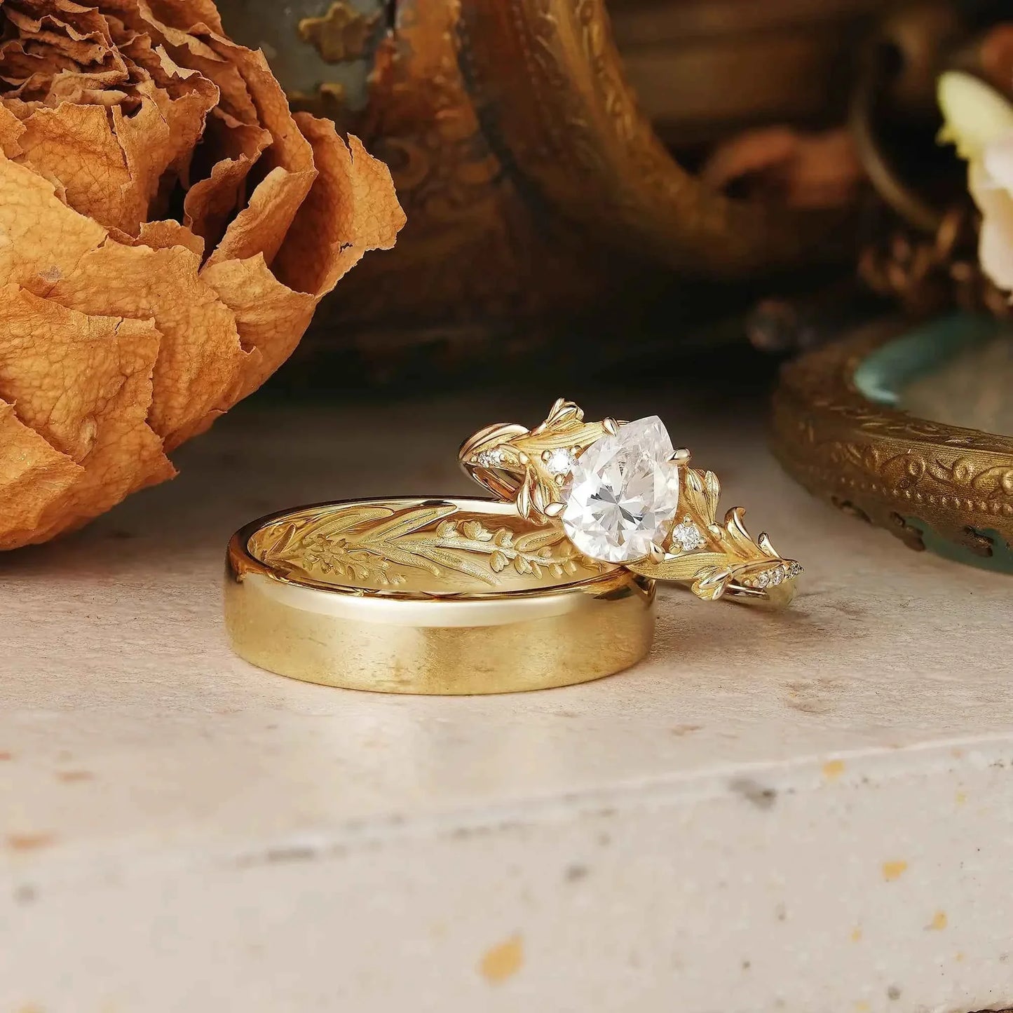 Pear Cut Moissanite Flower Inspired Couple Wedding Ring Set - Liora & Kevin | GemsMagic