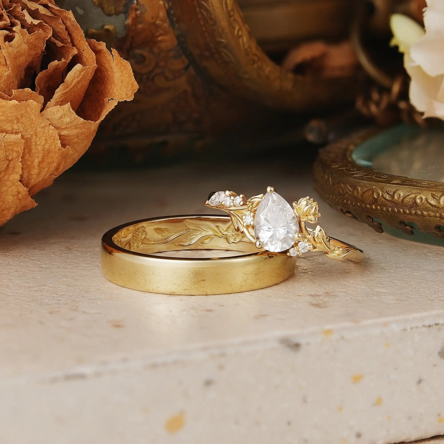Snow Lotus Flower Inspired Pear Cut Moissanite Tilted Couple Wedding Ring Set - Kara & Evren | GemsMagic