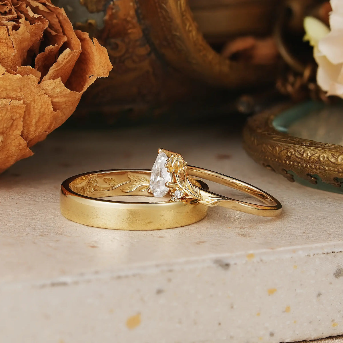 Snow Lotus Flower Inspired Pear Cut Moissanite Tilted Couple Wedding Ring Set - Kara & Evren | GemsMagic