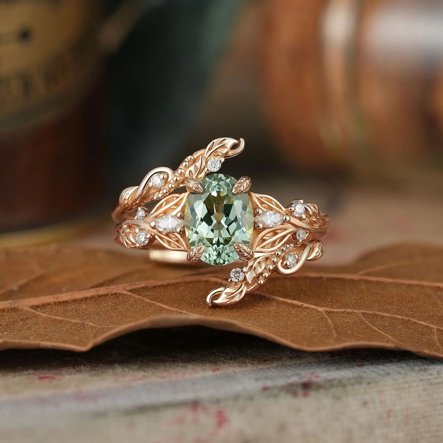 Oval Cut Green Sapphire Leaf Milgrain Karen Bridal Ring Set With Ring Enhancer | GemsMagic