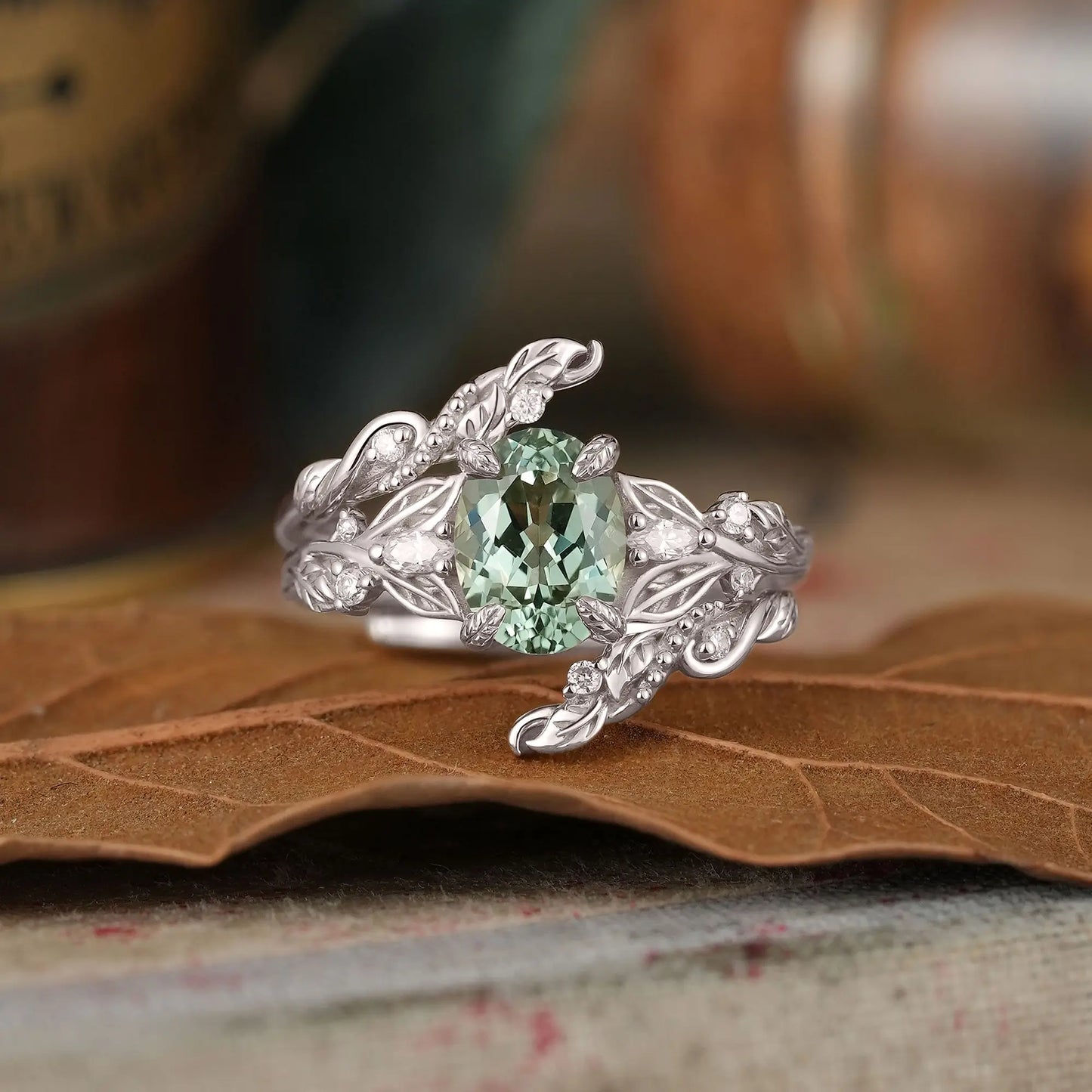 Oval Cut Green Sapphire Leaf Milgrain Karen Bridal Ring Set With Ring Enhancer | GemsMagic