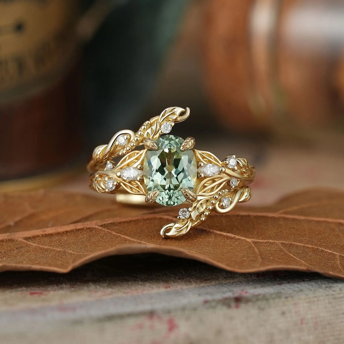 Oval Cut Green Sapphire Leaf Milgrain Karen Bridal Ring Set With Ring Enhancer | GemsMagic