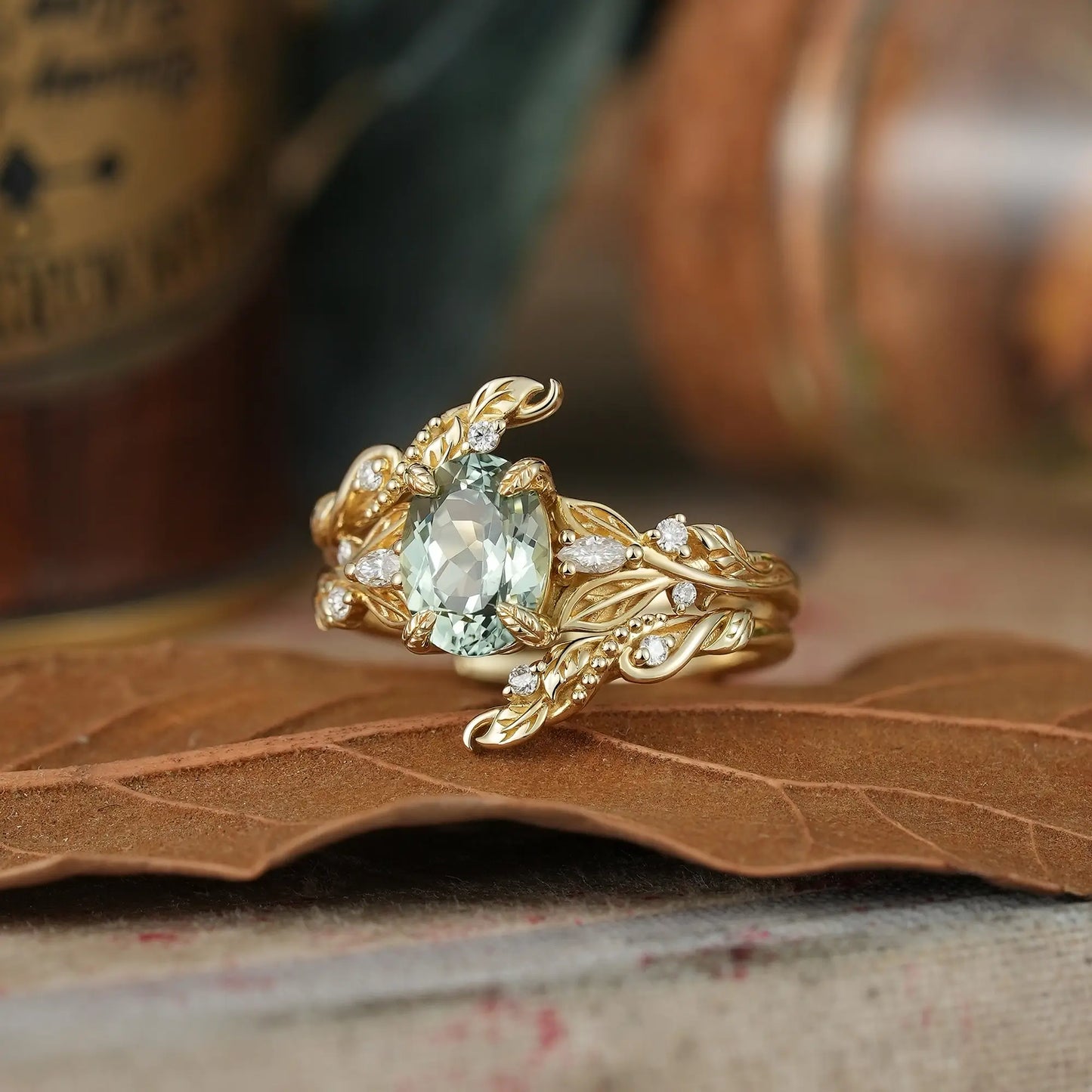 Oval Cut Green Sapphire Leaf Milgrain Karen Bridal Ring Set With Ring Enhancer | GemsMagic