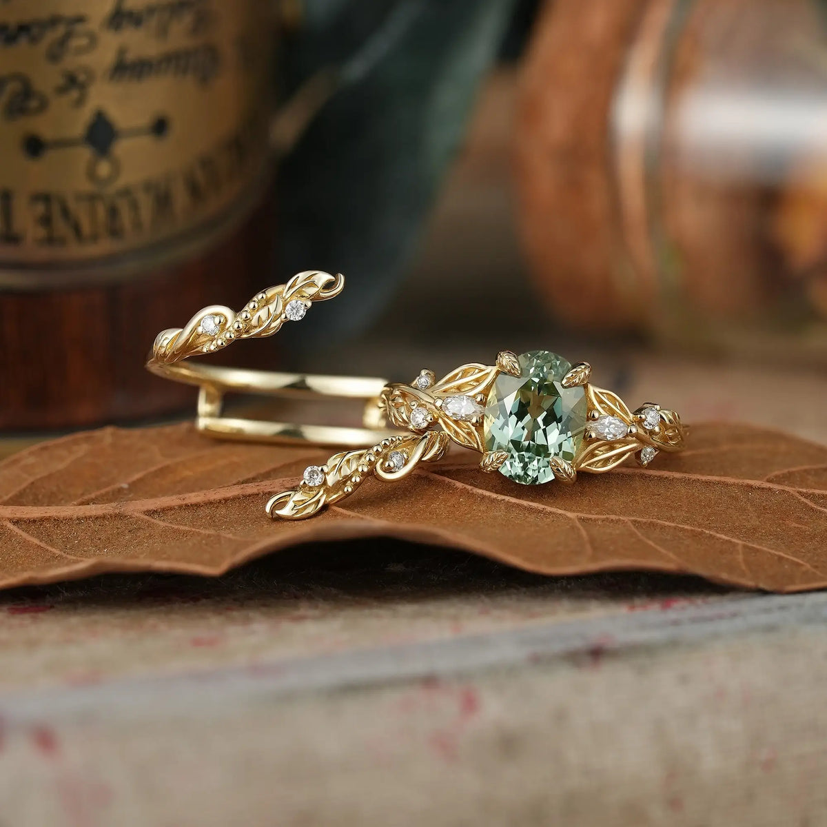 Oval Cut Green Sapphire Leaf Milgrain Karen Bridal Ring Set With Ring Enhancer | GemsMagic