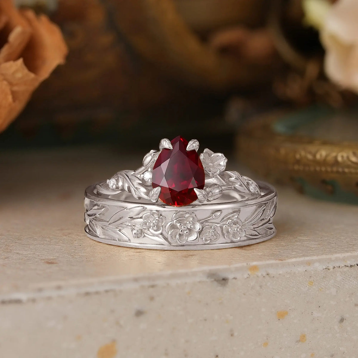 Ruby Flower Inspired Couple Wedding Ring Set - Annabelle & Hudson | GemsMagic