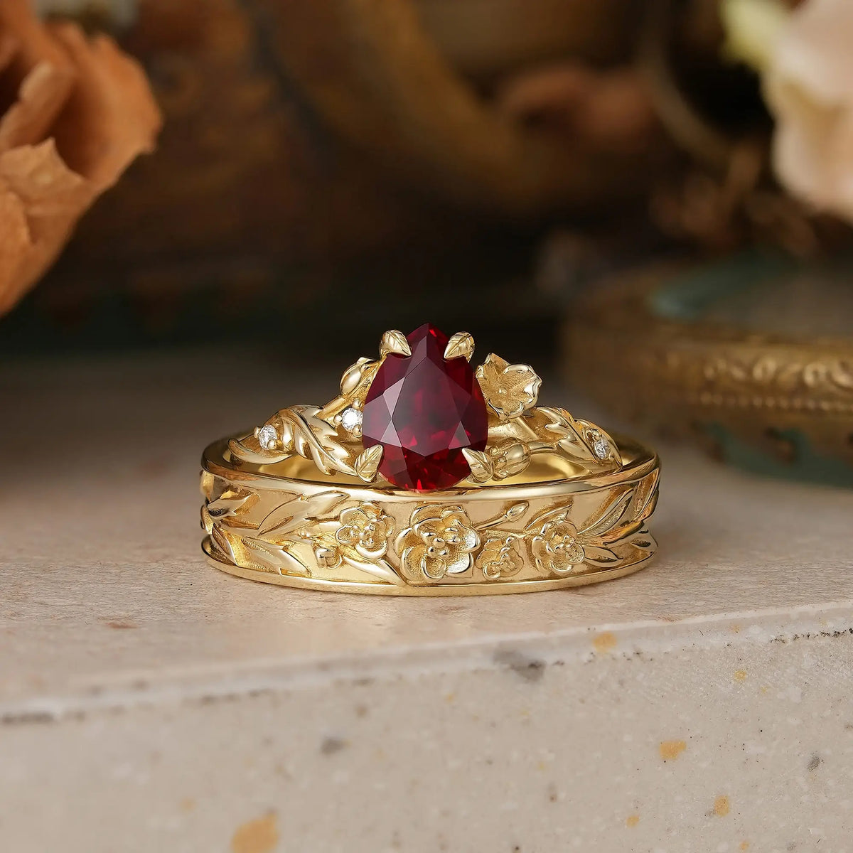 Ruby Flower Inspired Couple Wedding Ring Set - Annabelle & Hudson | GemsMagic