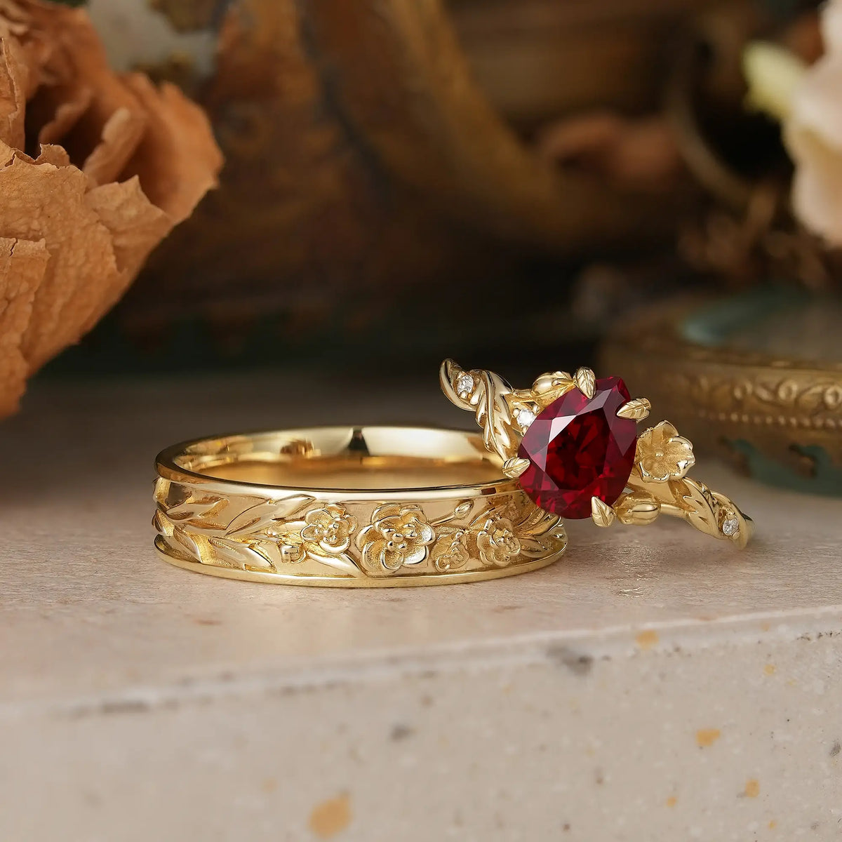 Ruby Flower Inspired Couple Wedding Ring Set - Annabelle & Hudson | GemsMagic