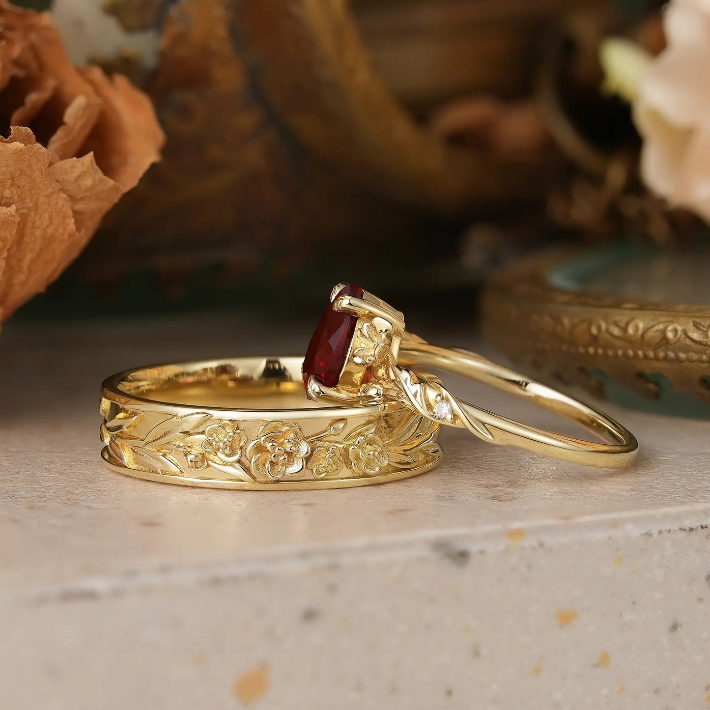 Ruby Flower Inspired Couple Wedding Ring Set - Annabelle & Hudson | GemsMagic