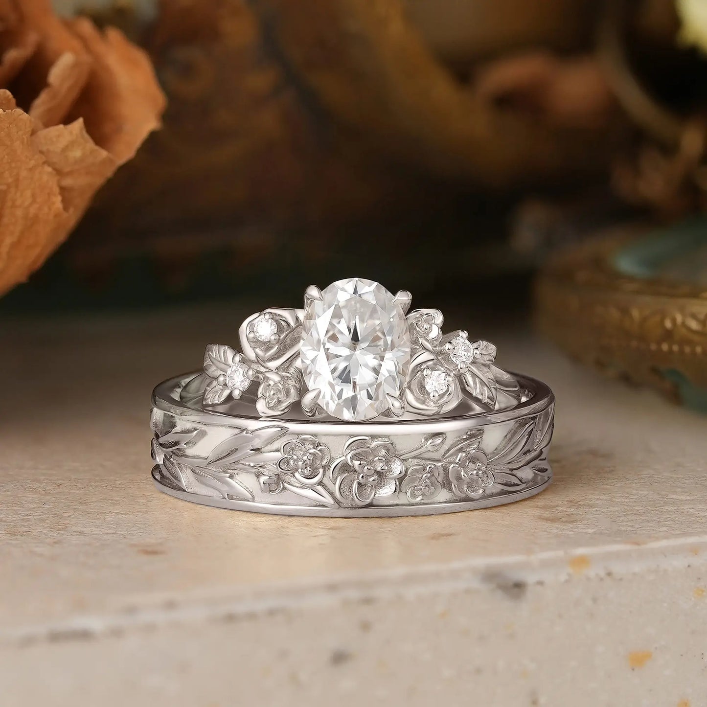 Rose Flower Inspired Oval Cut Moissanite Couple Wedding Ring Set - Evangeline & Hudson | GemsMagic
