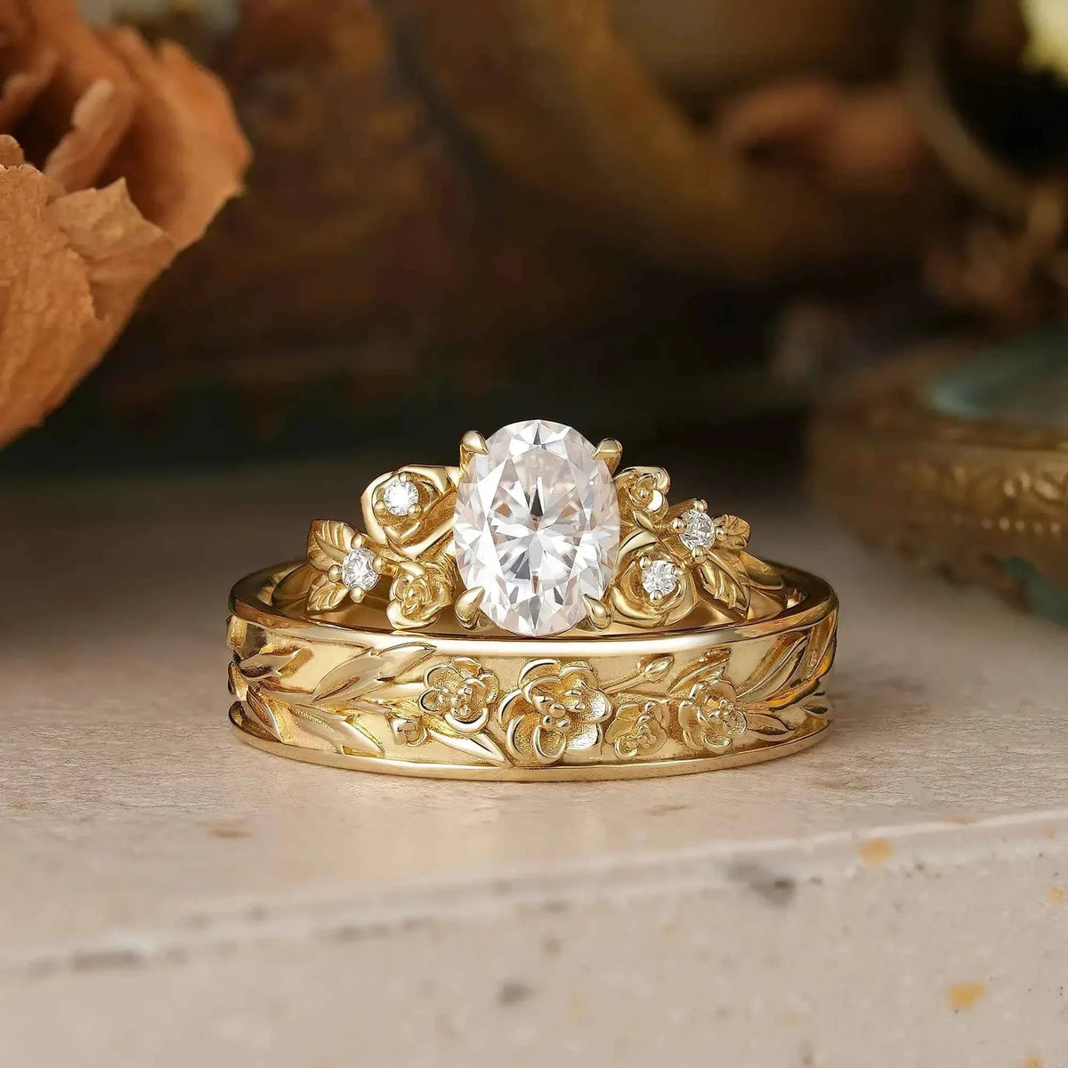 Rose Flower Inspired Oval Cut Moissanite Couple Wedding Ring Set - Evangeline & Hudson | GemsMagic