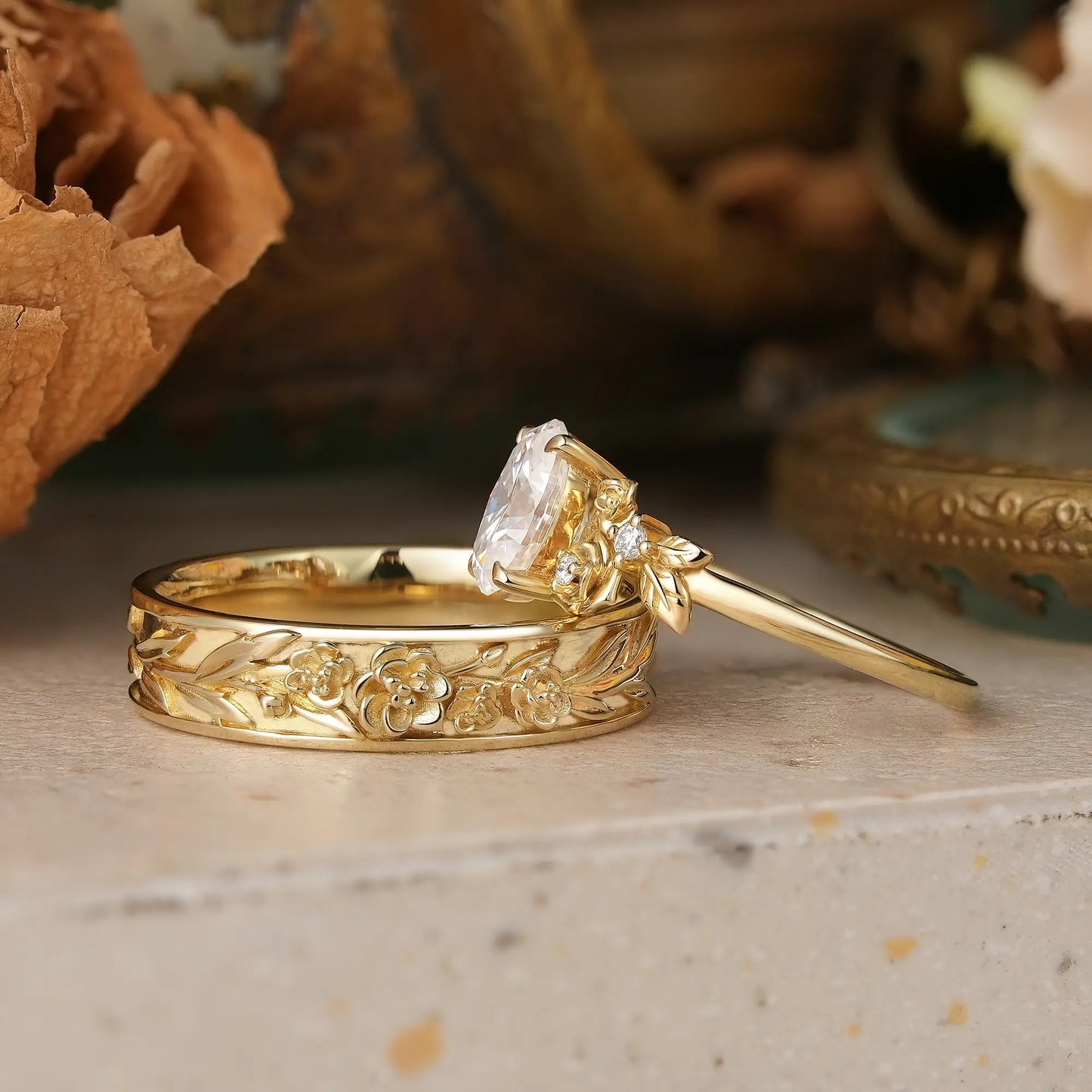 Rose Flower Inspired Oval Cut Moissanite Couple Wedding Ring Set - Evangeline & Hudson | GemsMagic