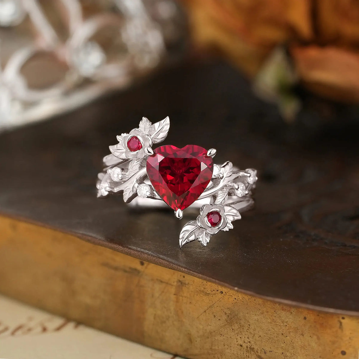 Rose Blossom: Heart Shaped Ruby Leaf Bridal Ring Set With Ring Enhancer | Katherine