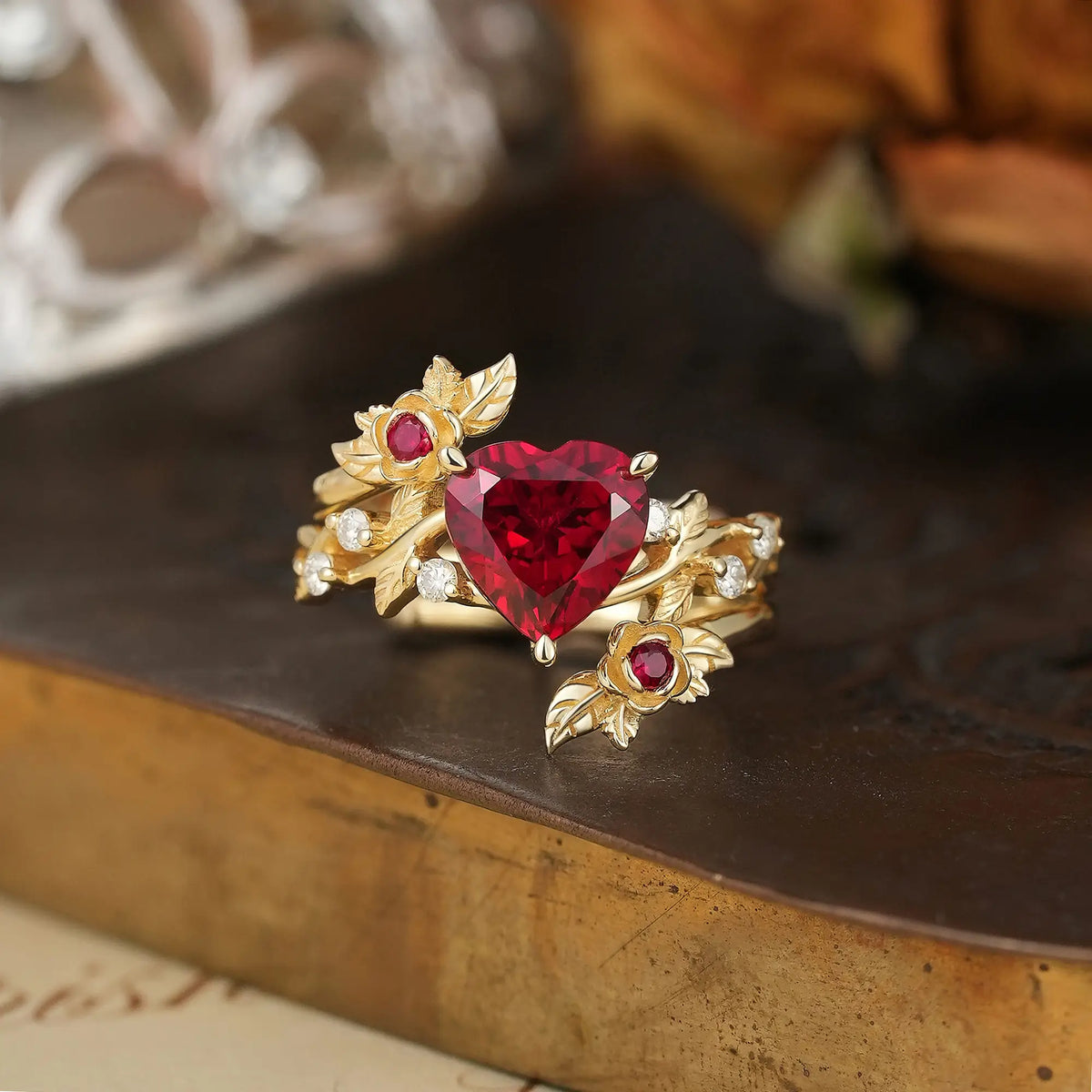 Rose Blossom: Heart Shaped Ruby Leaf Bridal Ring Set With Ring Enhancer | Katherine