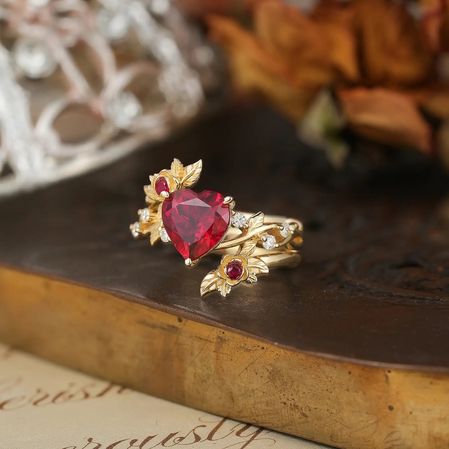 Rose Blossom: Heart Shaped Ruby Leaf Bridal Ring Set With Ring Enhancer | Katherine