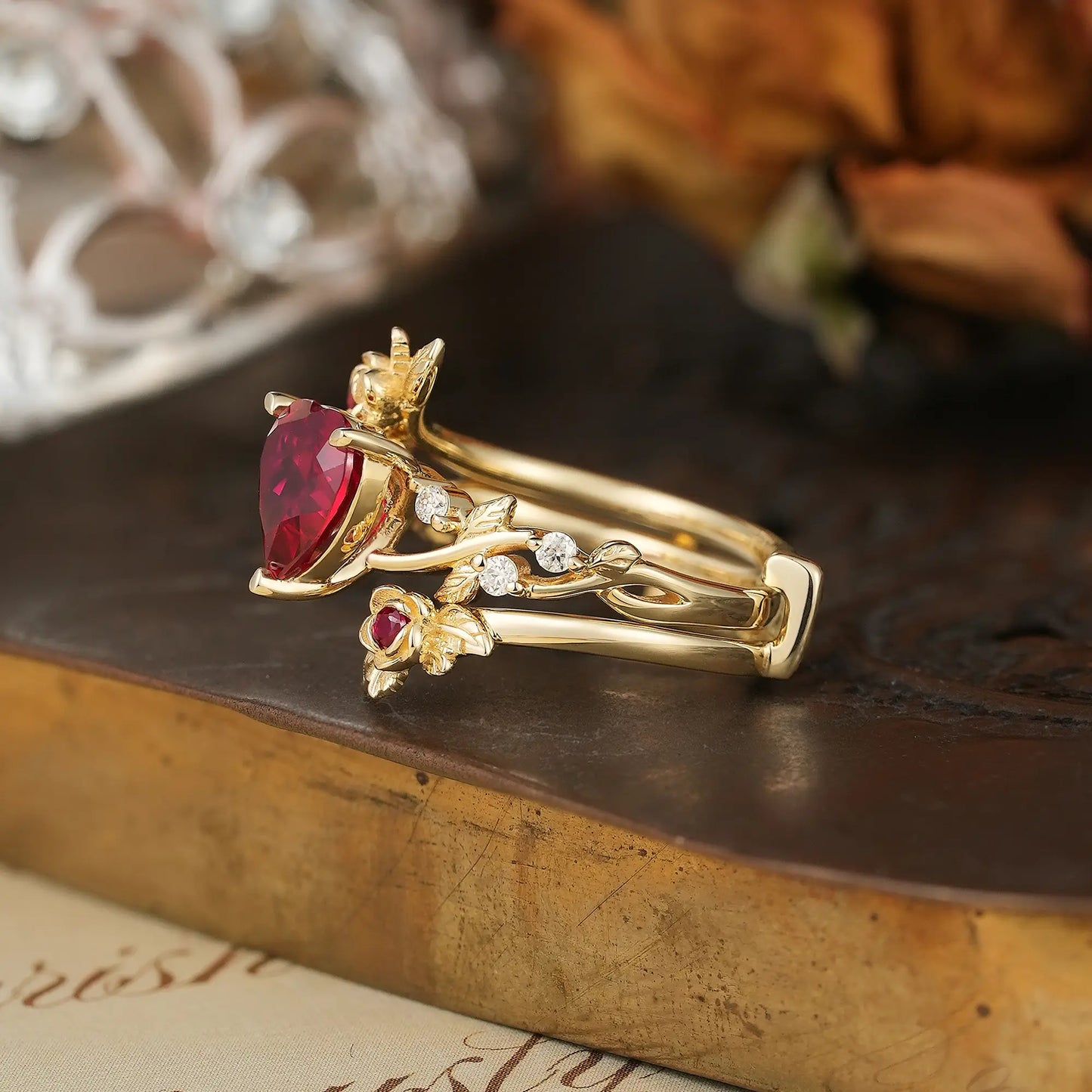 Rose Blossom: Heart Shaped Ruby Leaf Bridal Ring Set With Ring Enhancer | Katherine
