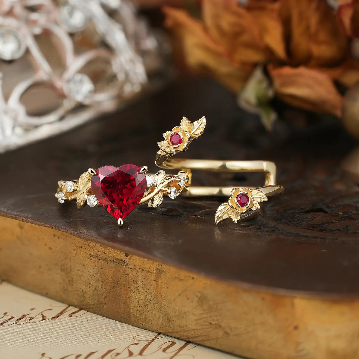 Rose Blossom: Heart Shaped Ruby Leaf Bridal Ring Set With Ring Enhancer | Katherine