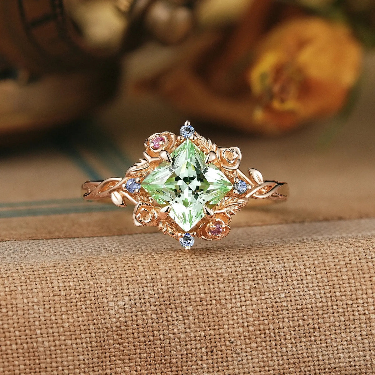 Princess Cut Green Sapphire Nature Inspired Whimsical Engagement Ring - Amarante | GemsMagic