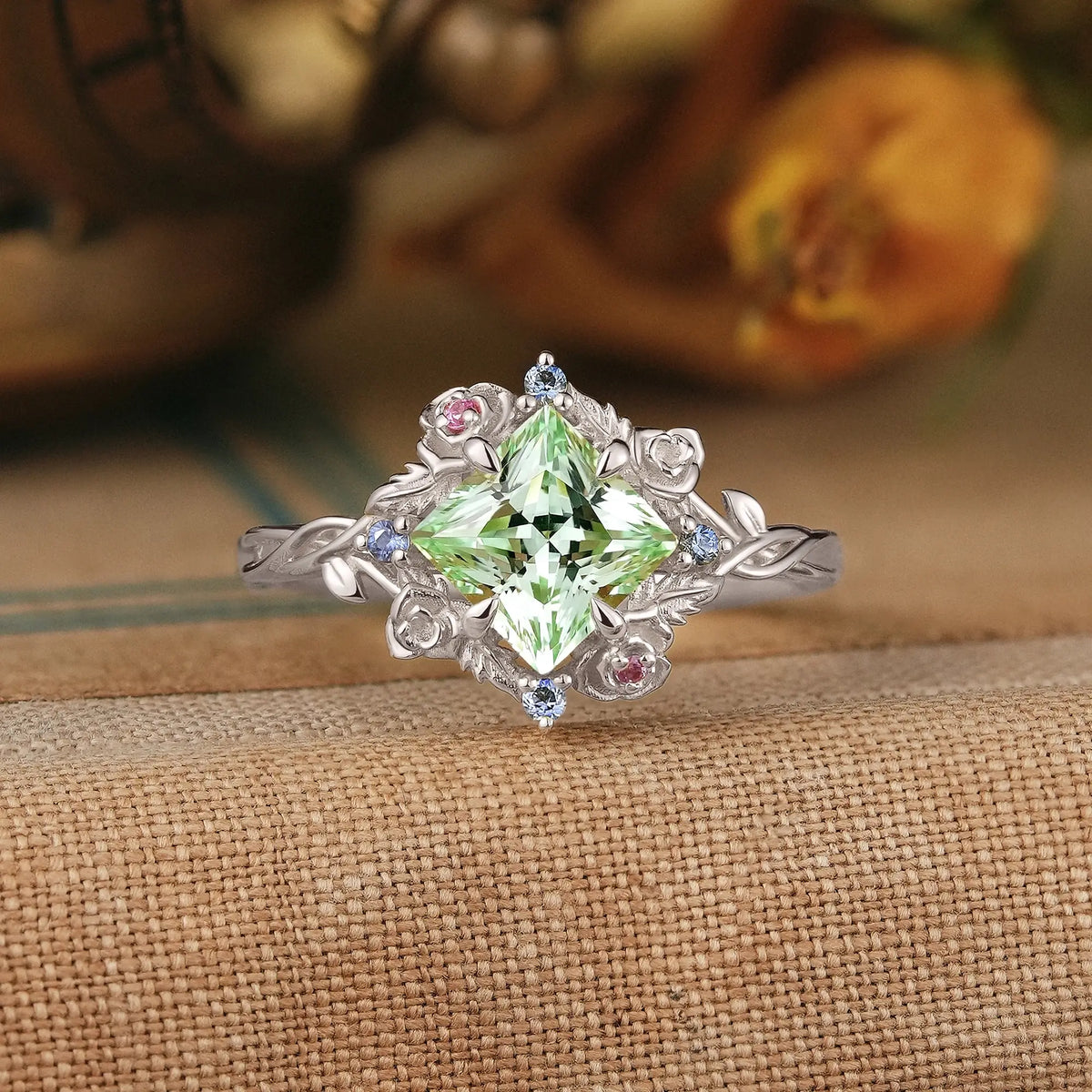 Princess Cut Green Sapphire Nature Inspired Whimsical Engagement Ring - Amarante | GemsMagic