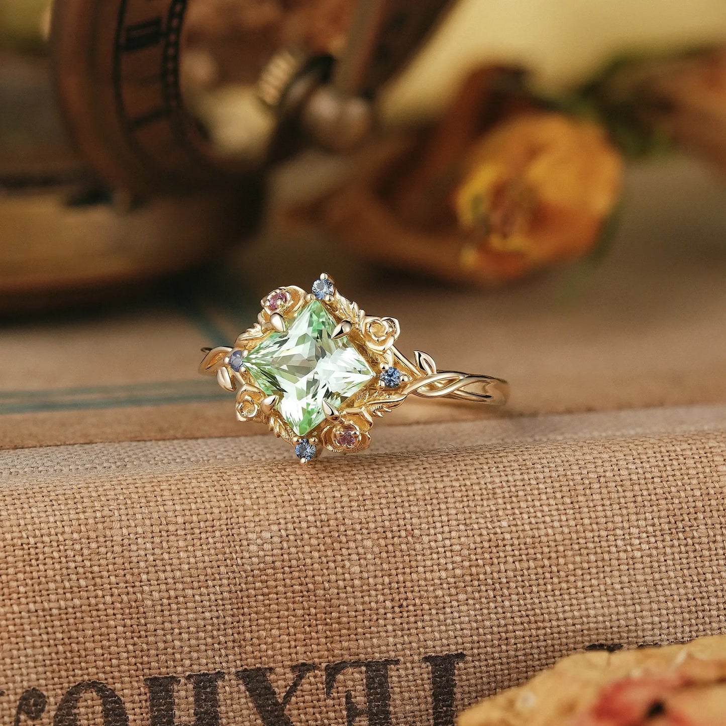 Princess Cut Green Sapphire Nature Inspired Whimsical Engagement Ring - Amarante | GemsMagic