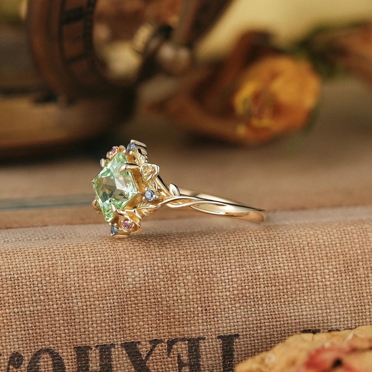 Princess Cut Green Sapphire Nature Inspired Whimsical Engagement Ring - Amarante | GemsMagic