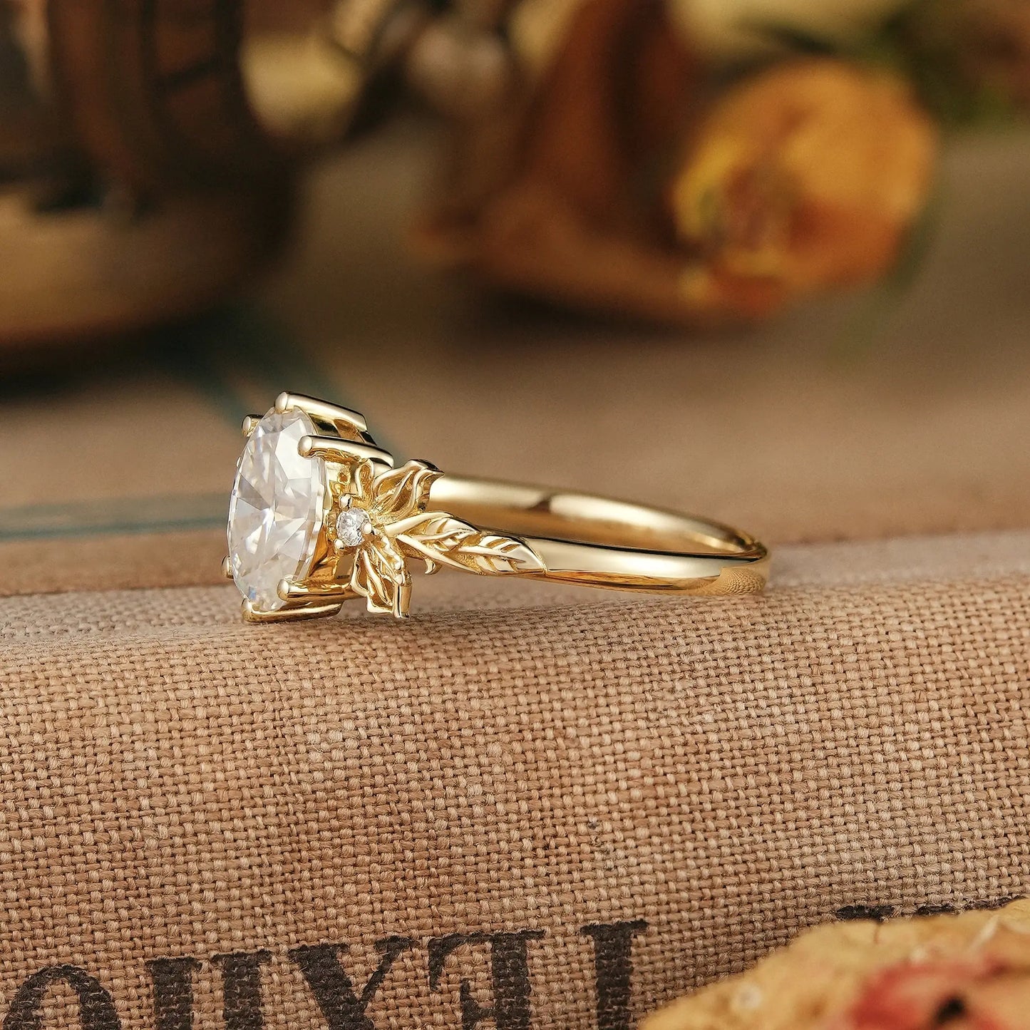 Butterfly Inspired Oval Moissanite Engagement Ring with Carved Hollow Leaf Design - Mariselle | GemsMagic