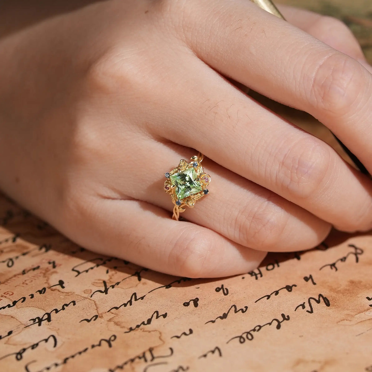 Princess Cut Green Sapphire Nature Inspired Whimsical Engagement Ring - Amarante | GemsMagic