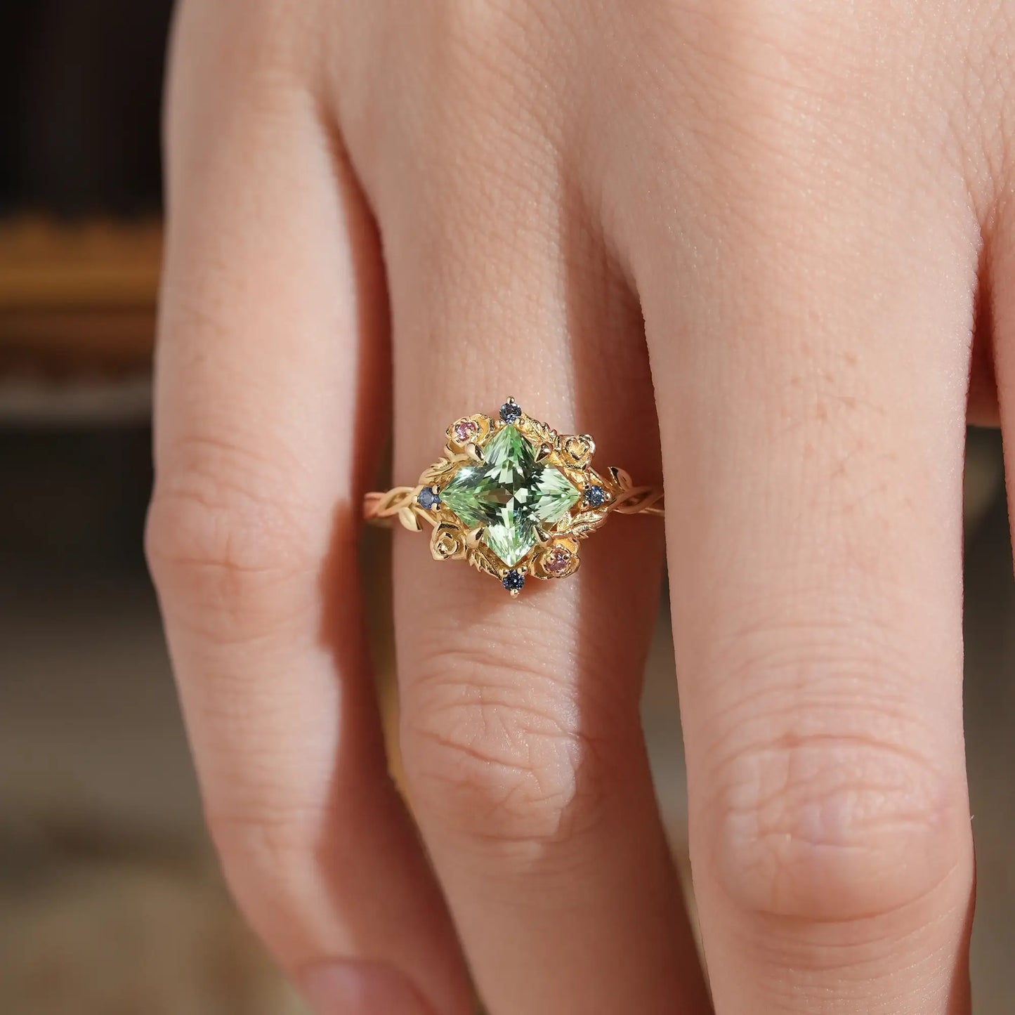 Princess Cut Green Sapphire Nature Inspired Whimsical Engagement Ring - Amarante | GemsMagic