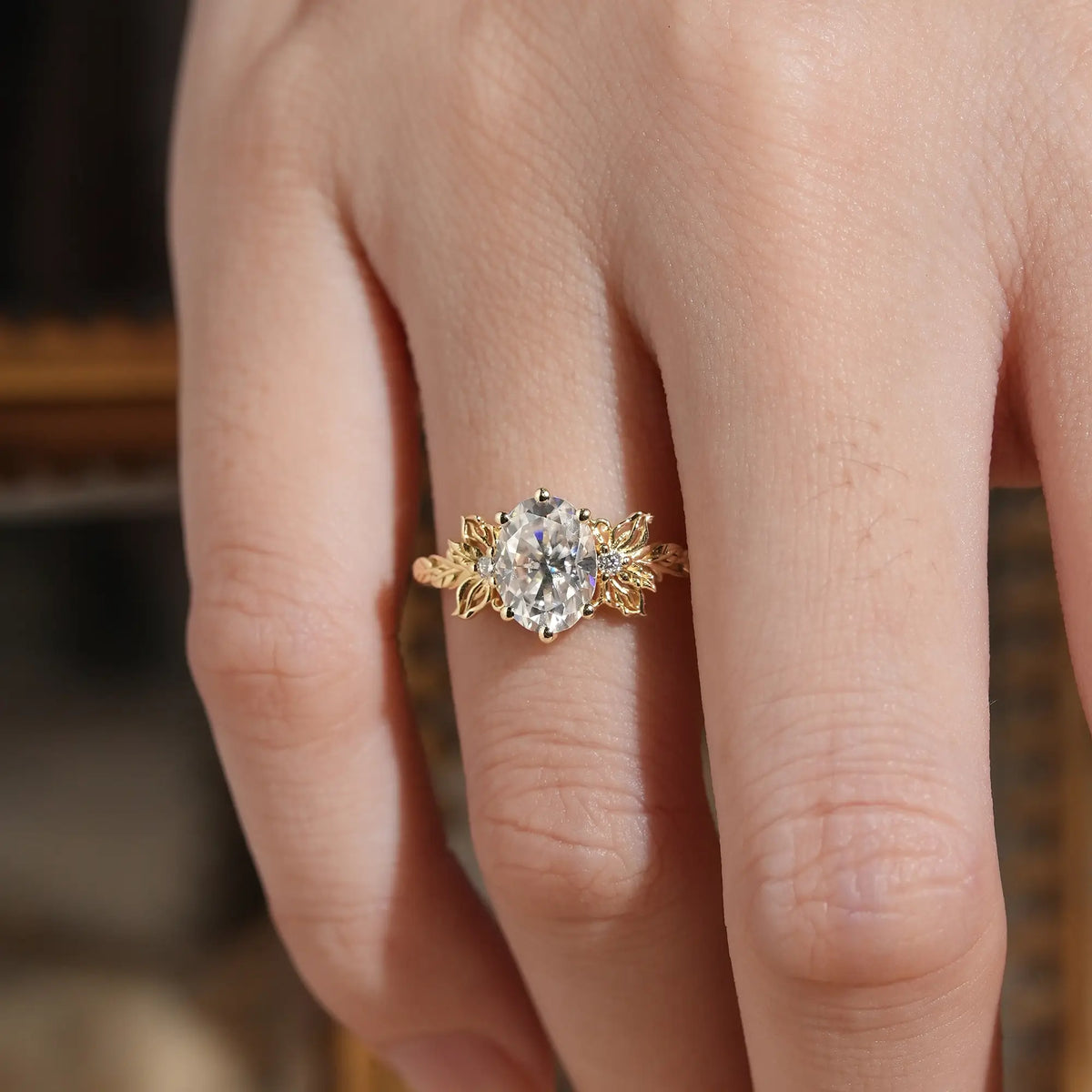 Butterfly Inspired Oval Moissanite Engagement Ring with Carved Hollow Leaf Design - Mariselle | GemsMagic