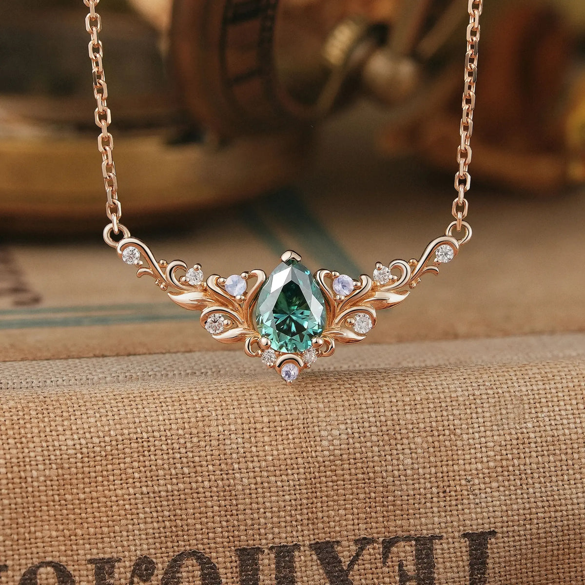 Pear Green Moissanite With Moonstone Leaf And Vine Inspired Necklace | GemsMagic