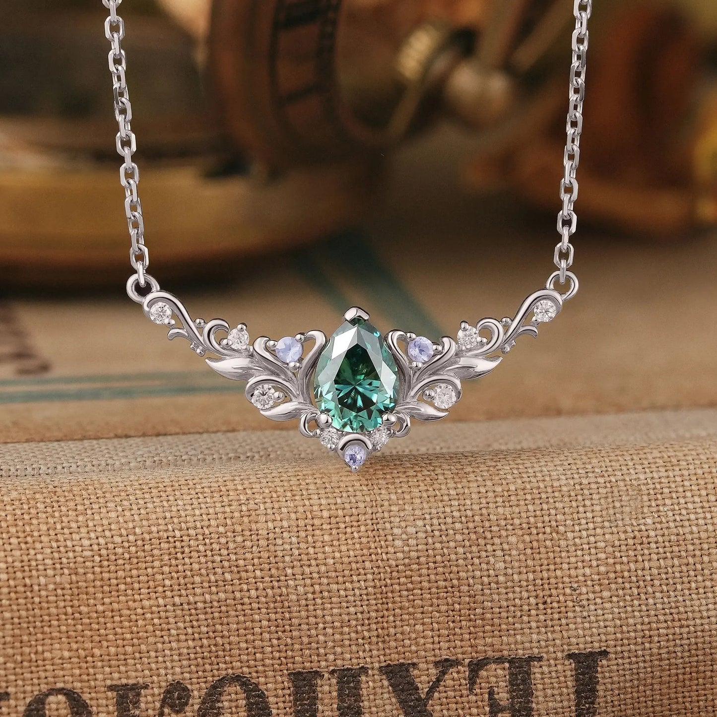 Pear Green Moissanite With Moonstone Leaf And Vine Inspired Necklace | GemsMagic