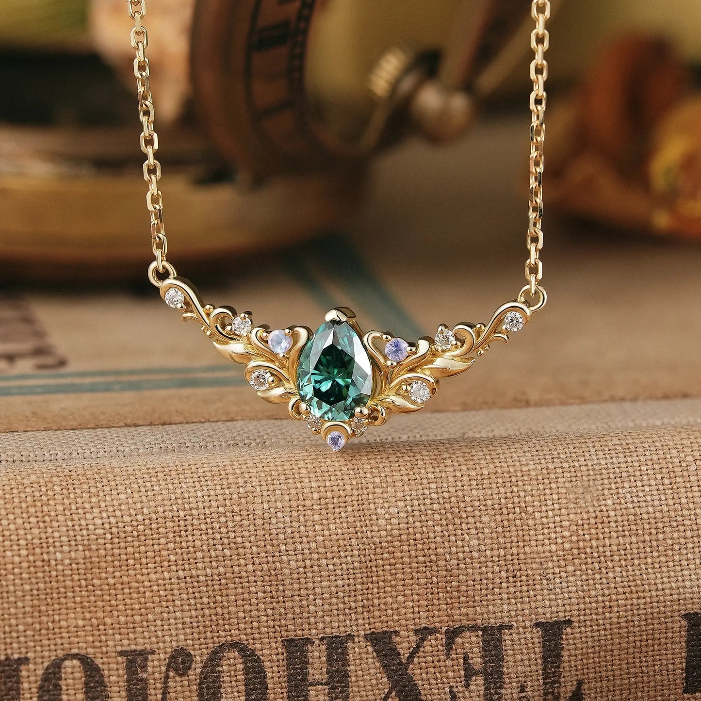 Pear Green Moissanite With Moonstone Leaf And Vine Inspired Necklace | GemsMagic