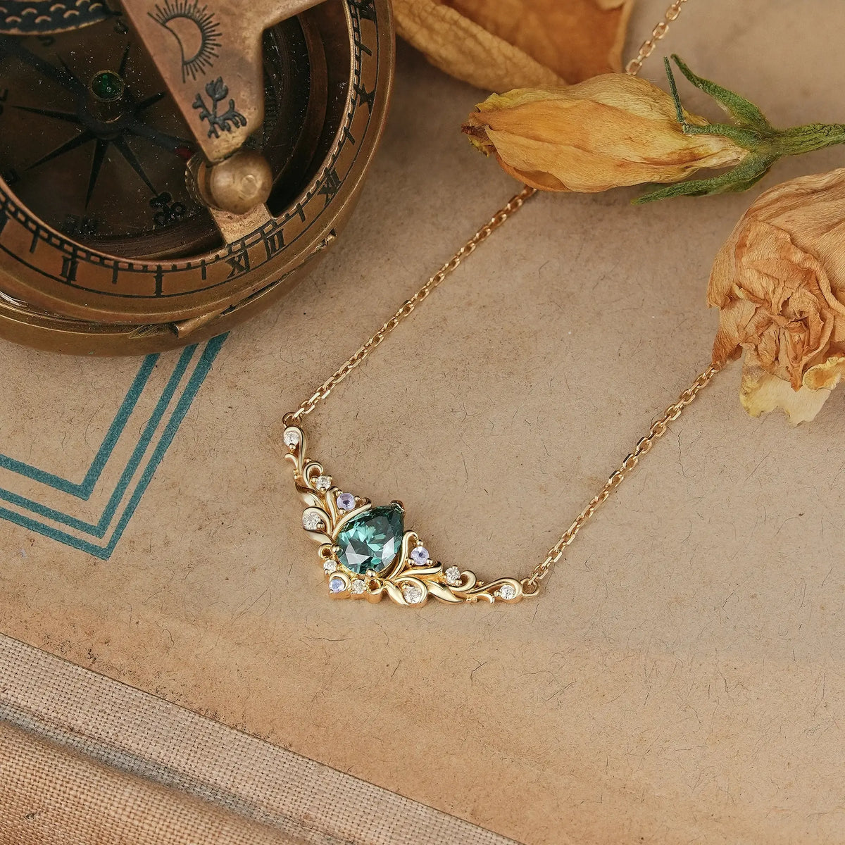 Pear Green Moissanite With Moonstone Leaf And Vine Inspired Necklace | GemsMagic