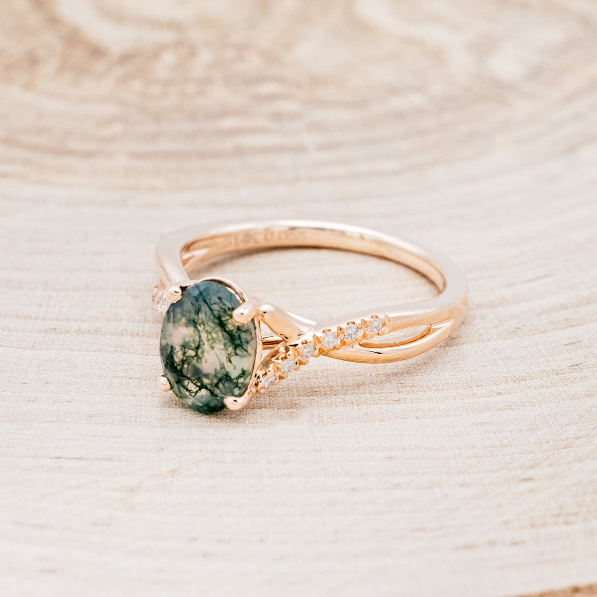 "Roslyn" - Oval Cut Moss Agate Engagement Ring With Diamond Accents
