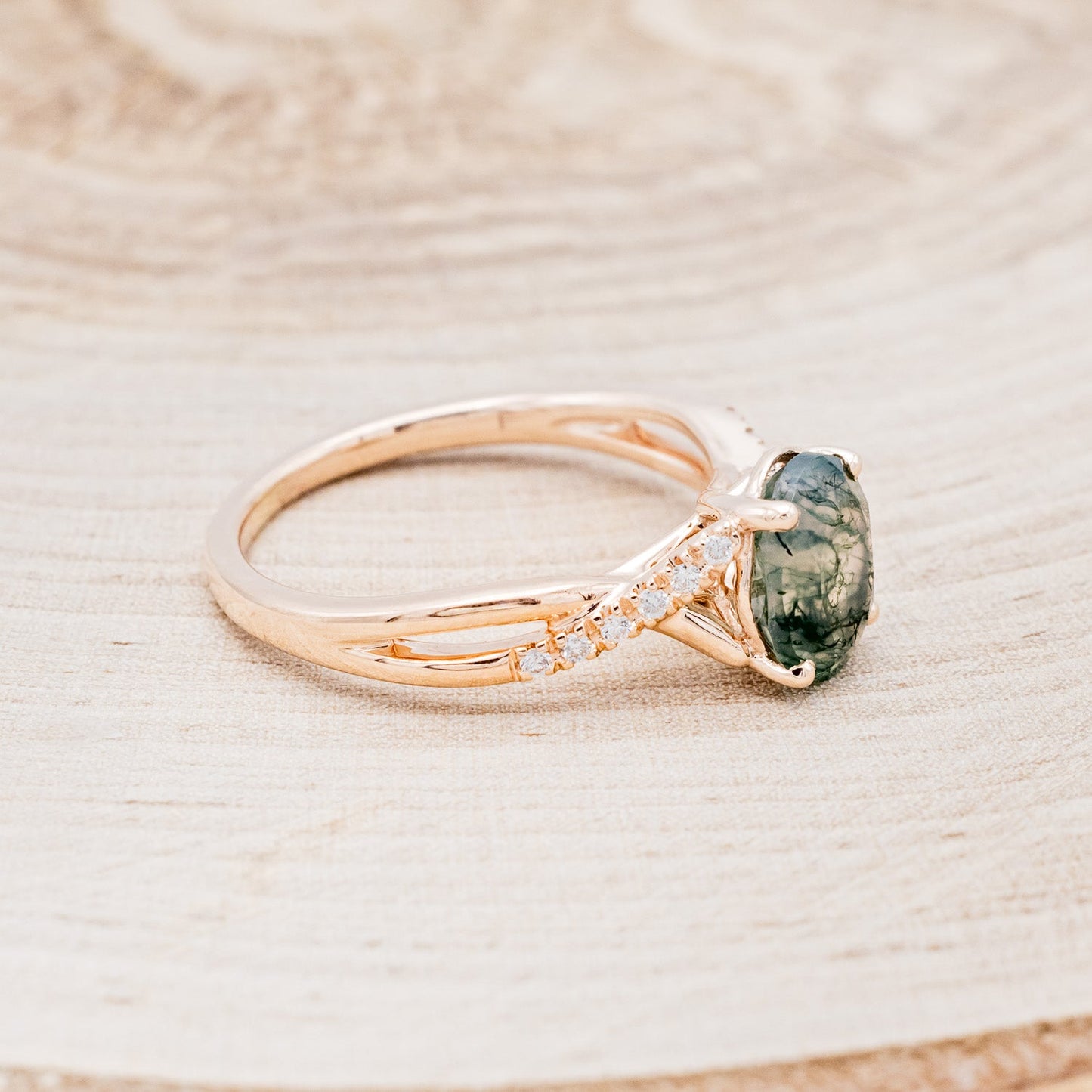 "Roslyn" - Oval Cut Moss Agate Engagement Ring With Diamond Accents