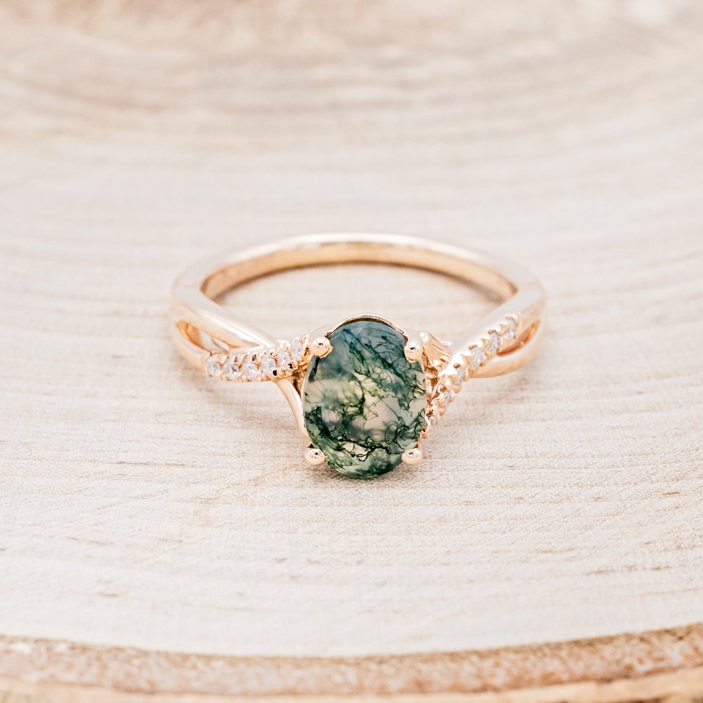"Roslyn" - Oval Cut Moss Agate Engagement Ring With Diamond Accents