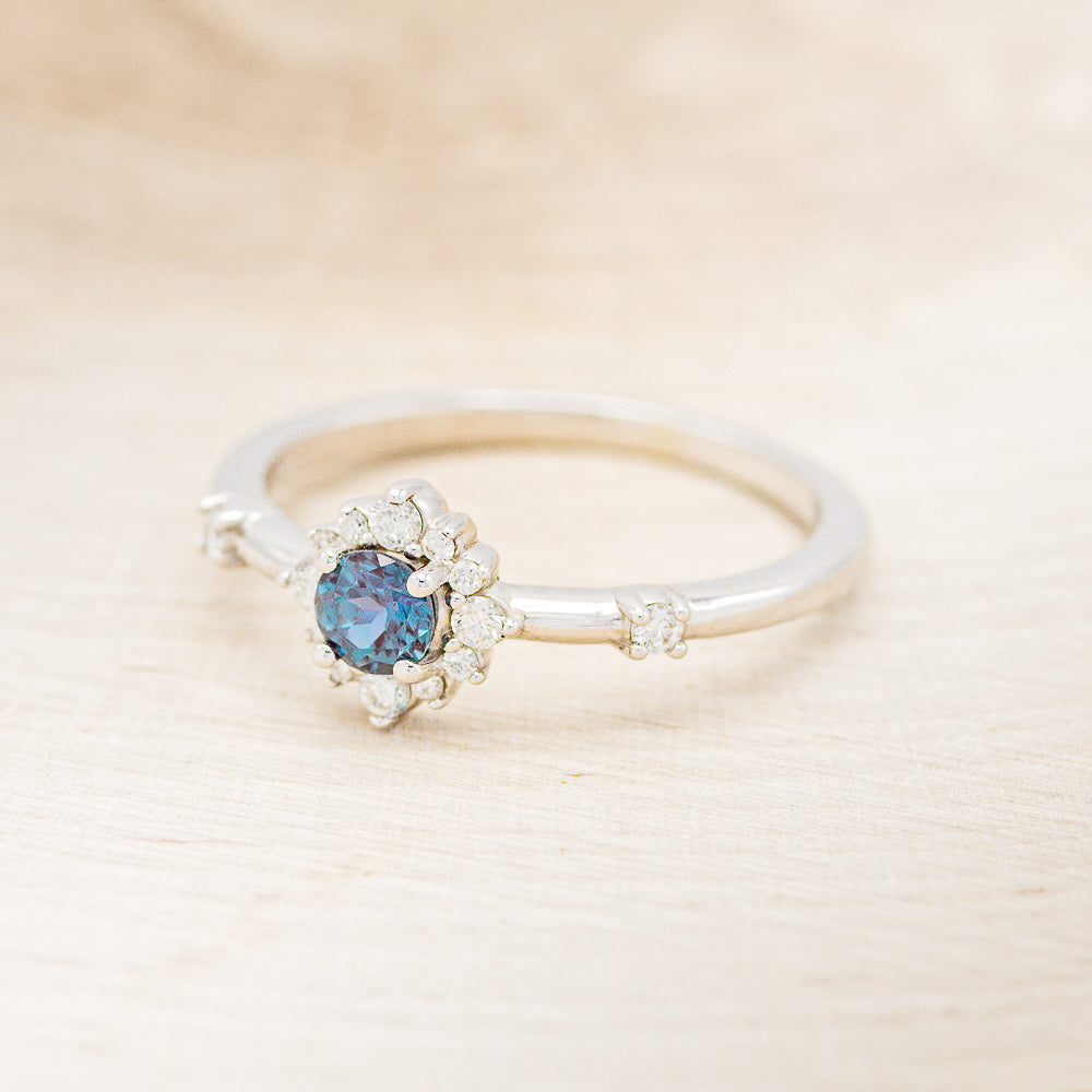"Starla" - Round Cut Lab-Grown Alexandrite Engagement Ring With Starburst Diamond Halo