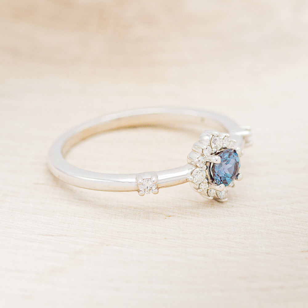 "Starla" - Round Cut Lab-Grown Alexandrite Engagement Ring With Starburst Diamond Halo