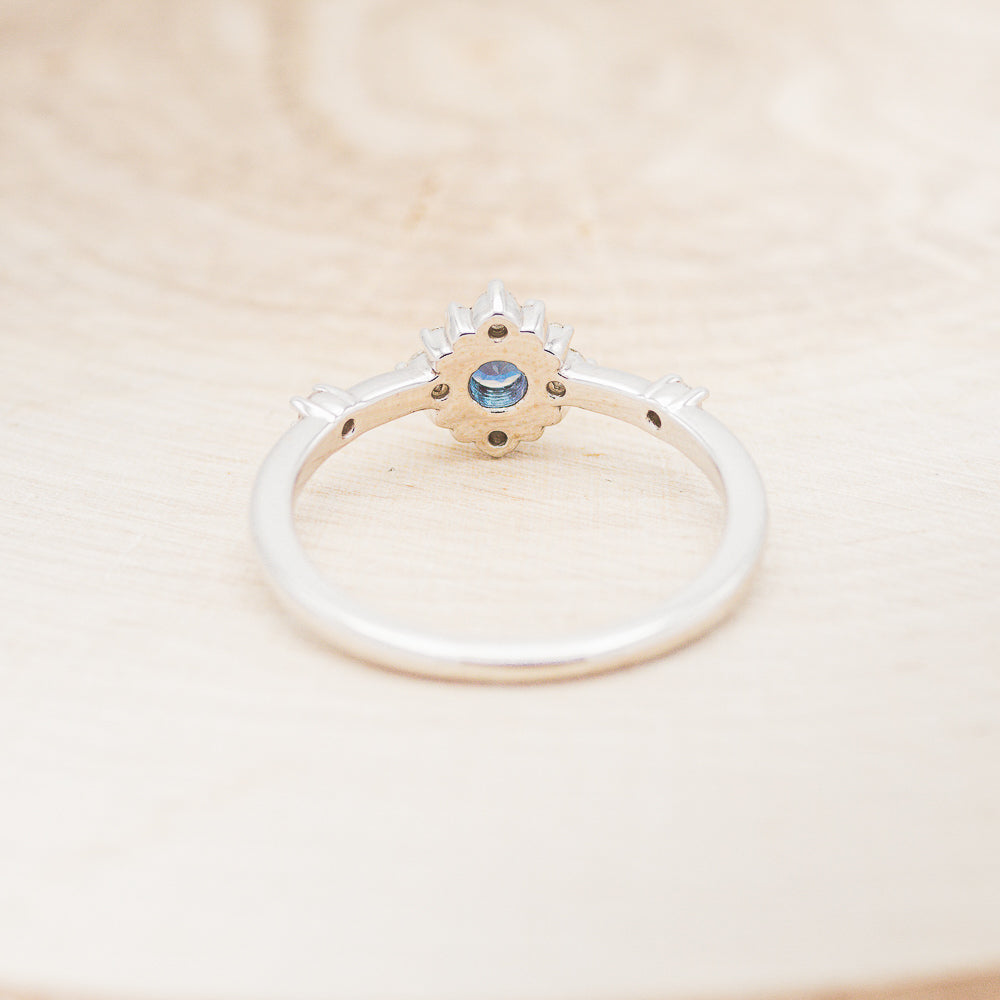 "Starla" - Round Cut Lab-Grown Alexandrite Engagement Ring With Starburst Diamond Halo