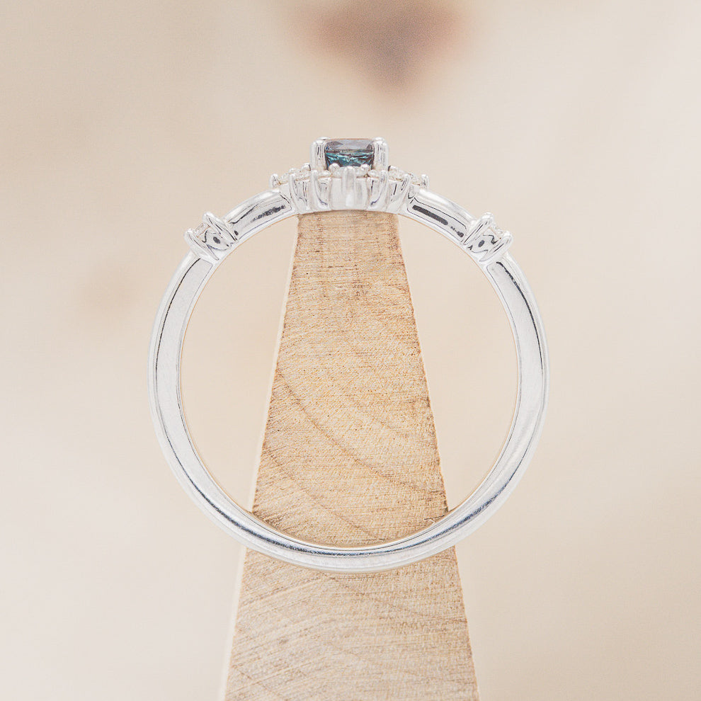 "Starla" - Round Cut Lab-Grown Alexandrite Engagement Ring With Starburst Diamond Halo