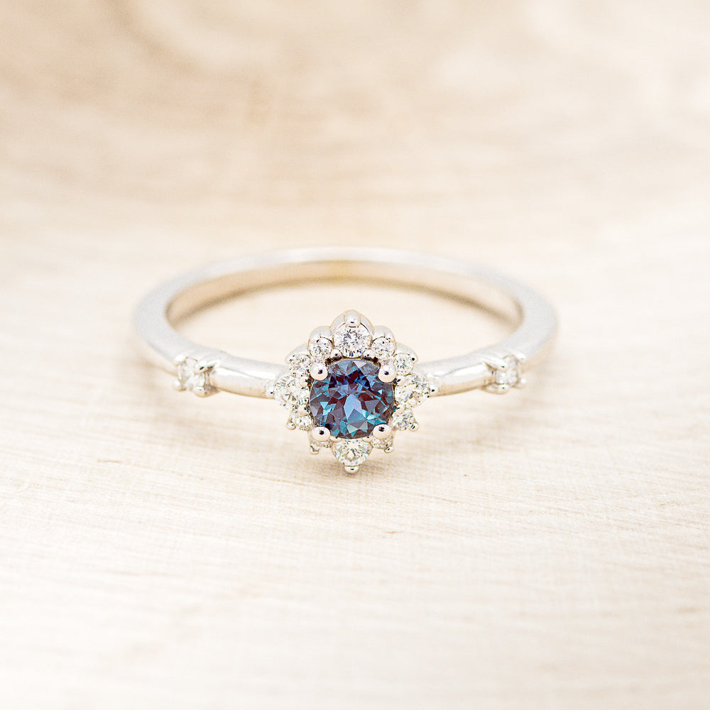 "Starla" - Round Cut Lab-Grown Alexandrite Engagement Ring With Starburst Diamond Halo