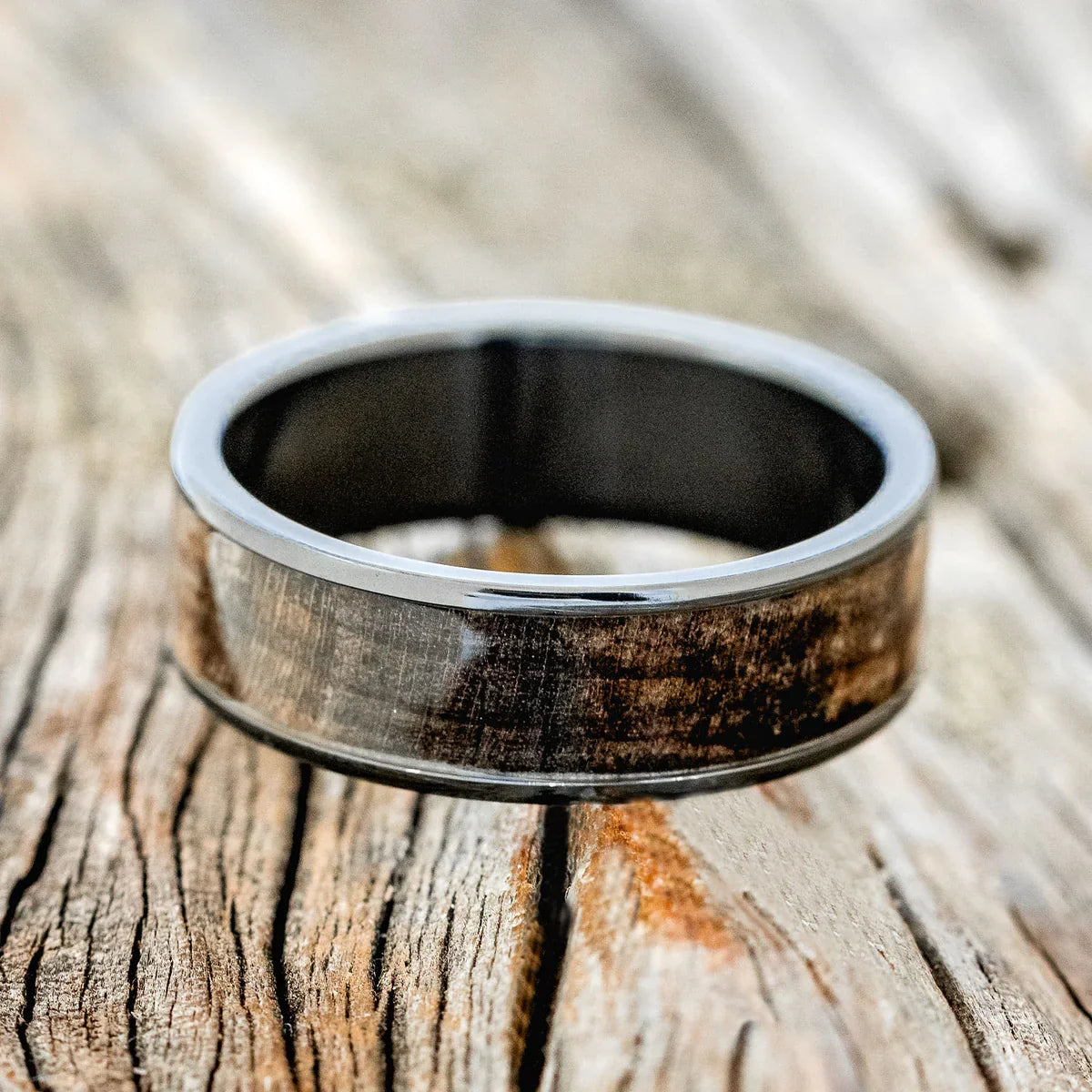 "Rainier" - Dark Maple Wood Wedding Ring - Black Zirconium (8mm) - Size 8 1/4