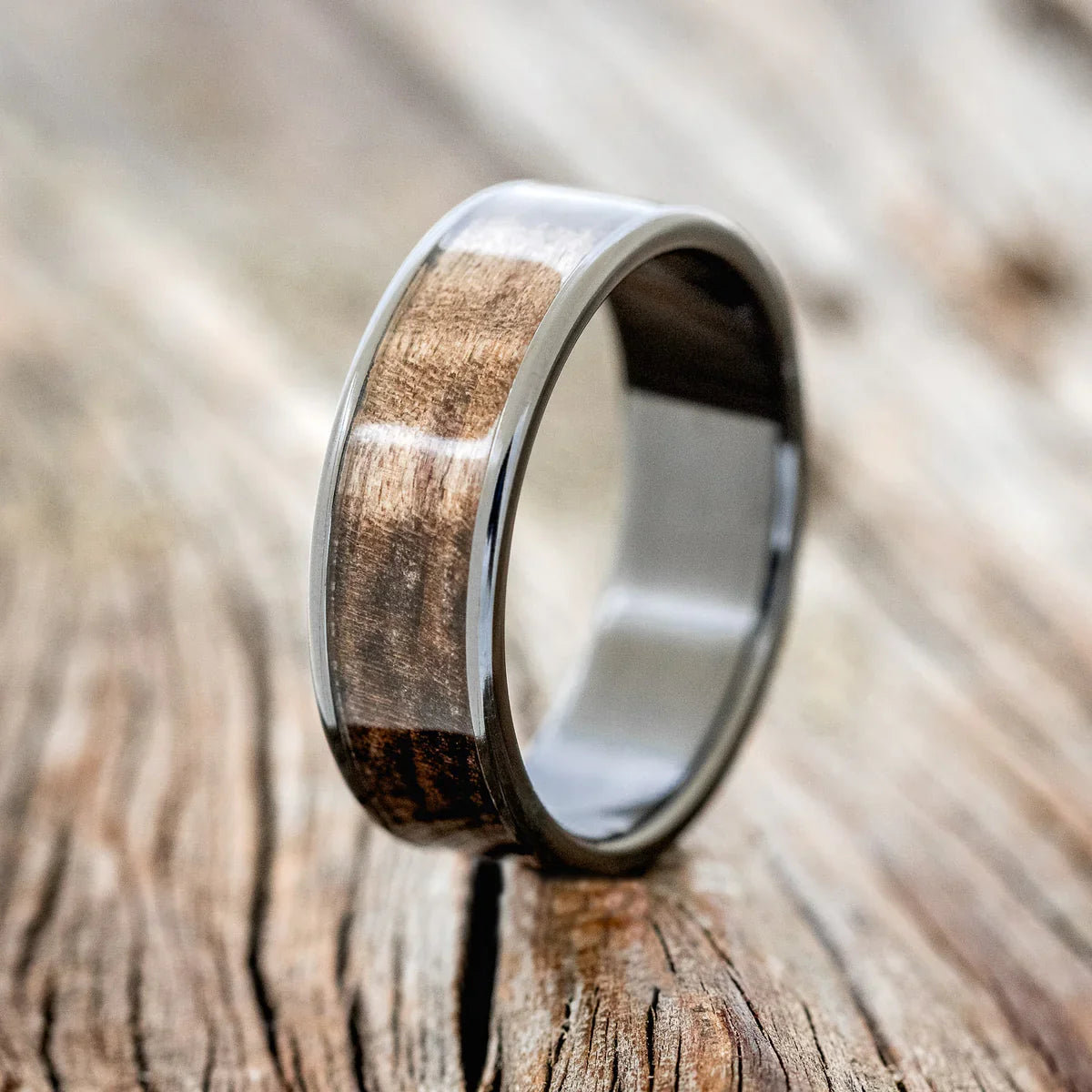 "Rainier" - Dark Maple Wood Wedding Ring - Black Zirconium (8mm) - Size 8 1/4