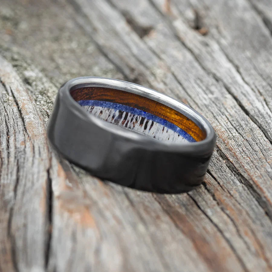 "Argos" - Whiskey Barrel Oak, Lapis Lazuli, And Antler Lined Wedding Band - Black Zirconium (8mm) - Size 7 1/2