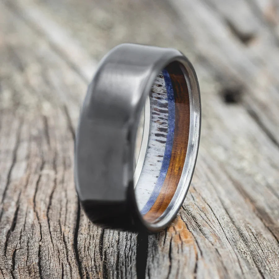 "Argos" - Whiskey Barrel Oak, Lapis Lazuli, And Antler Lined Wedding Band - Black Zirconium (8mm) - Size 7 1/2