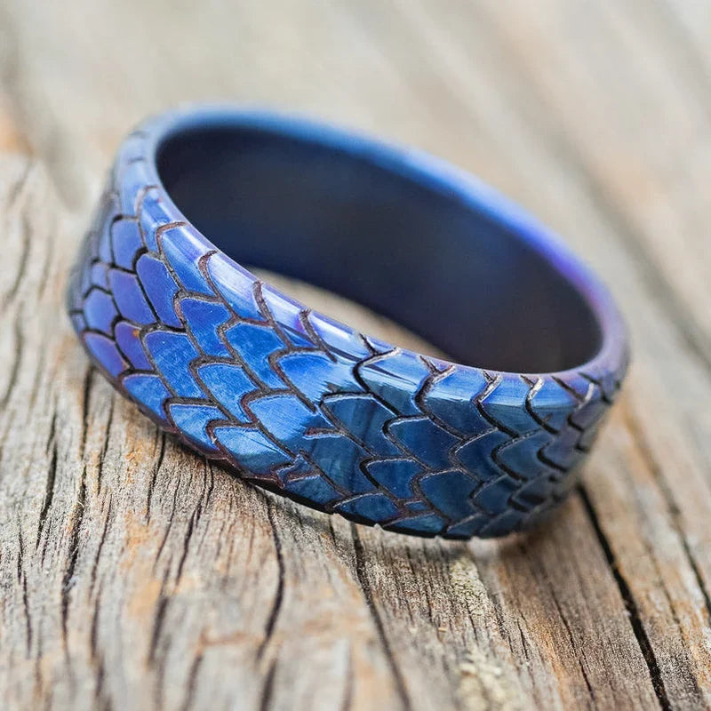 "Echo" - Fire-Treated Titanium Embossed Dragon Scale Wedding Band - Titanium (8mm) - Size 10 1/2
